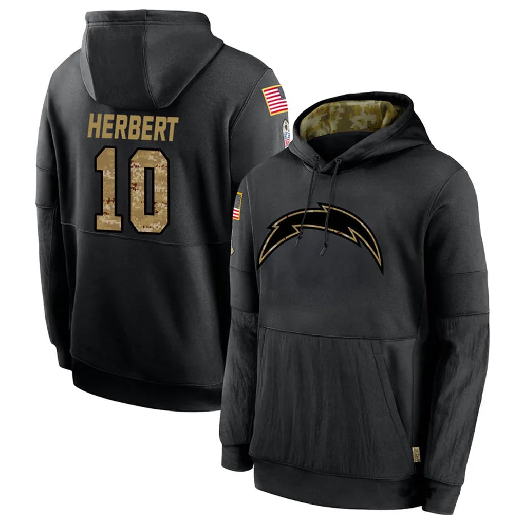 Perkns LA.Chargers #10 Justin Herbert Player Salute To Service Black Hoodies Game Stitched Jerseys