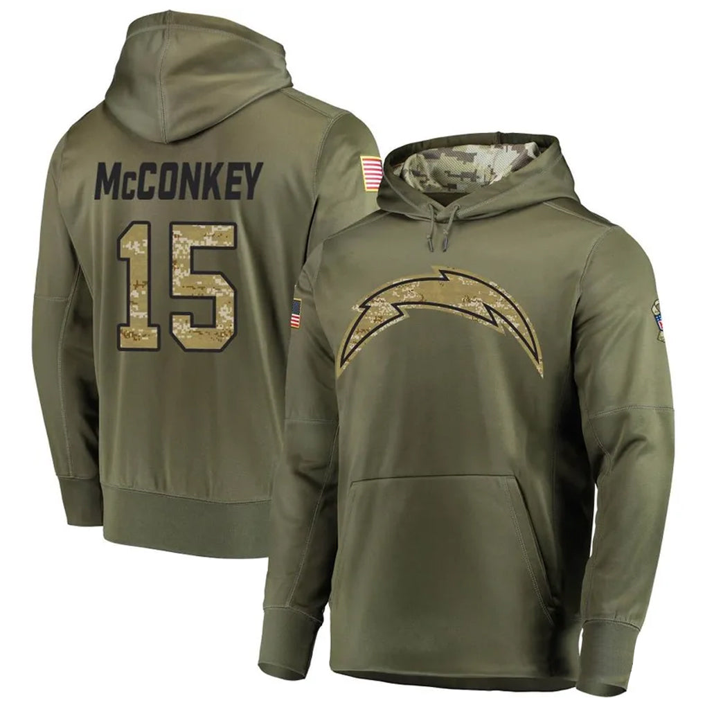 Perkns LA.Chargers #15 Ladd McConkey Player Salute to Service  Olive Hoodies Game Stitched Jerseys