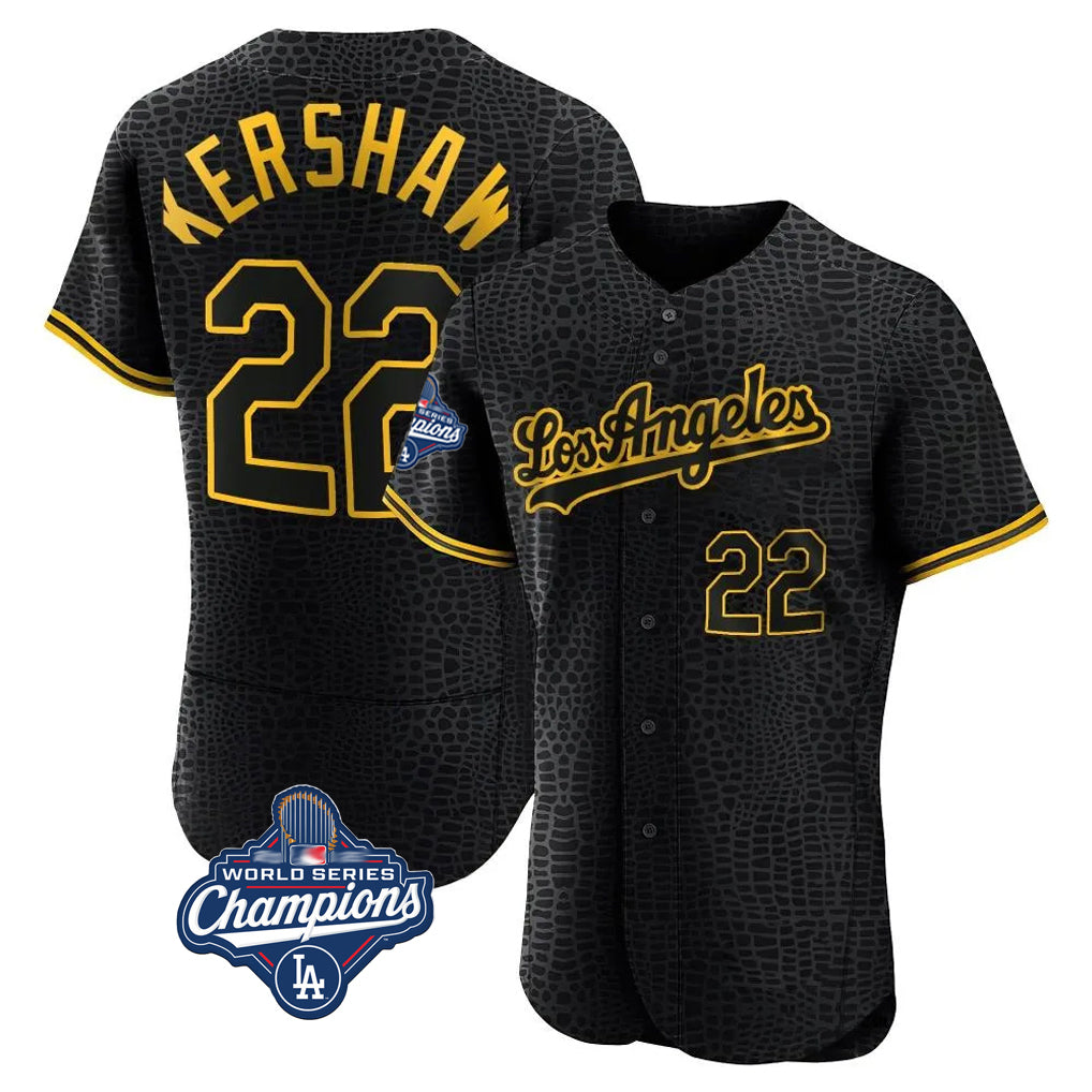 Perkns LA.Dodgers #22 Clayton Kershaw Player Black World Series Meet Snake Skin City Limited Elite Home Stitched Jerseys