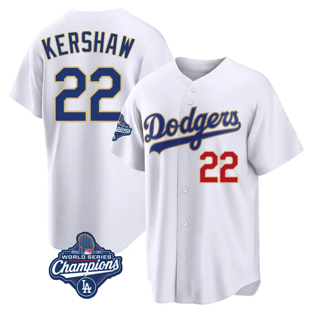 Perkns LA.Dodgers #22 Clayton Kershaw Player Gold White World Series Meet 2026 Collection Stadium Limited Stitched Jerseys