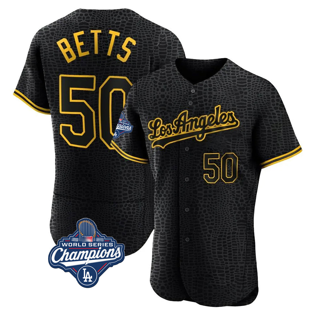 Perkns LA.Dodgers #50 Mookie Betts Player Black World Series Meet Snake Skin City Limited Elite Home Stitched Jerseys