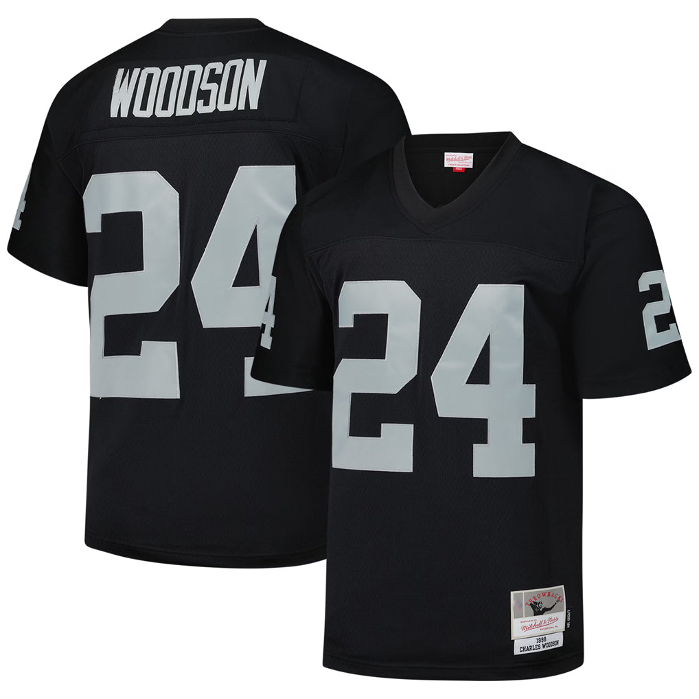 Perkns LV.Raiders #24 Charles Woodson Player Mitchell & Ness Black Legacy Replica Stitched Jerseys