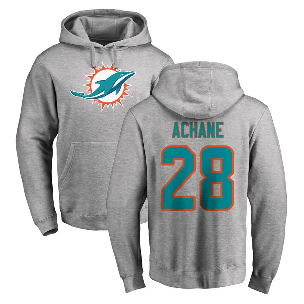 Perkns M.Dolphins #28 De'Von Achane Player Gray LOGO Pullover Hoodies Limited Stitched Jerseys