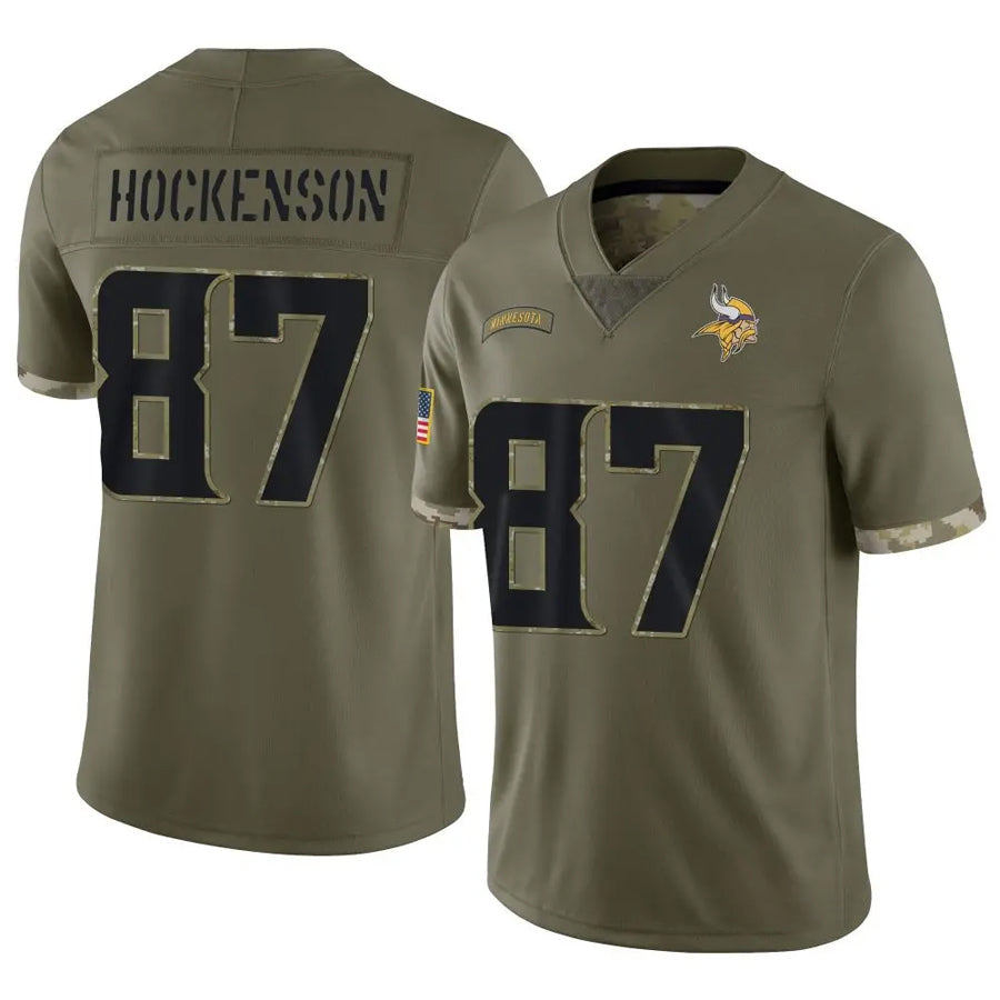 Perkns MN.Vikings #87 T.J. Hockenson Player Salute To Service Limited Olive Stitched Jerseys