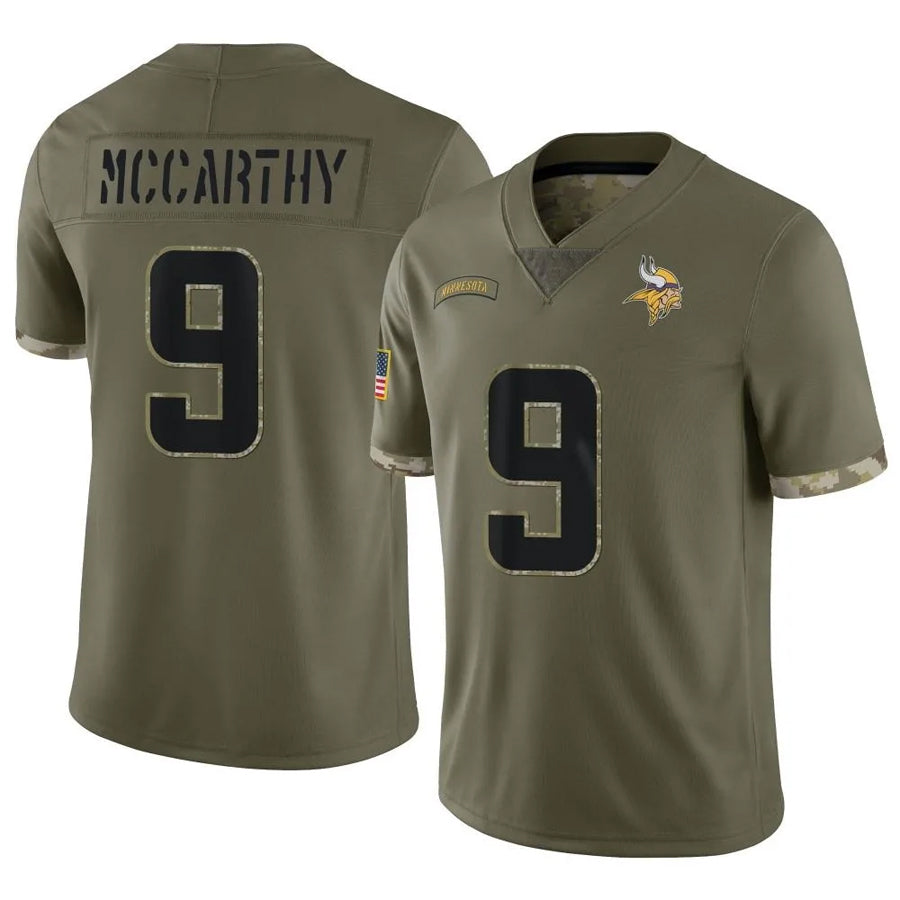 Perkns MN.Vikings #9 J.J. McCarthy Player Salute To Service Limited Olive Stitched Jerseys