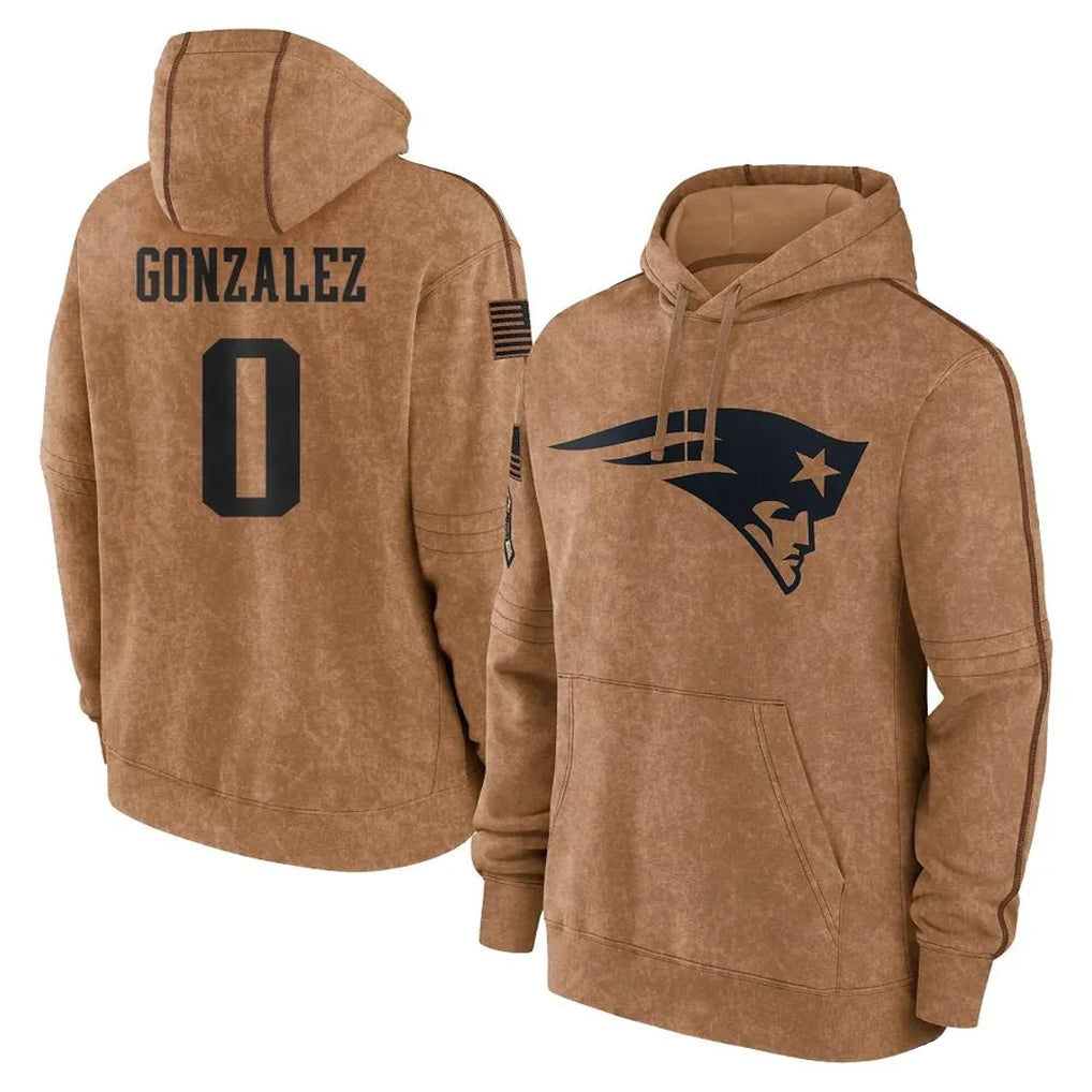 Perkns NE.Patriots #0 Christian Gonzalez Player Brown Salute to Service Pullover Hoodies Limited Game Stitched Jerseys