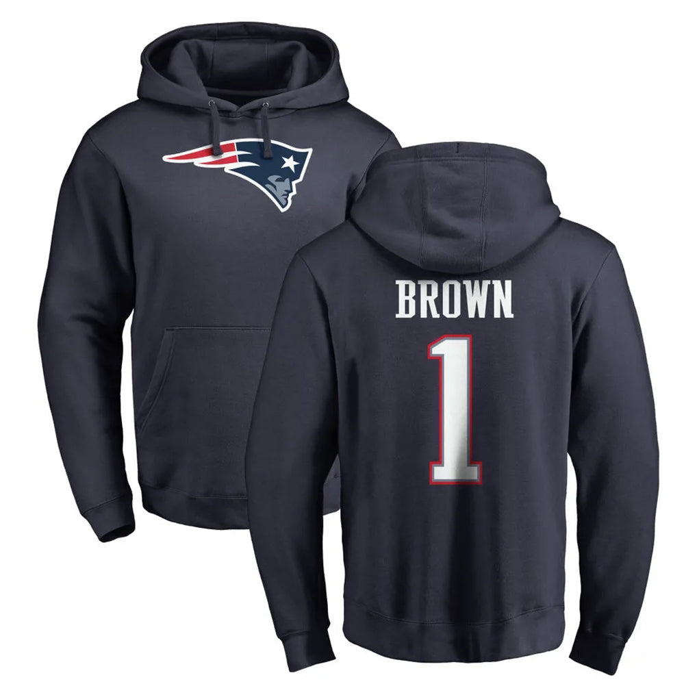 Perkns NE.Patriots #1 A.J. Brown Player Navy LOGO Pullover Hoodies Home Game Stitched Jerseys