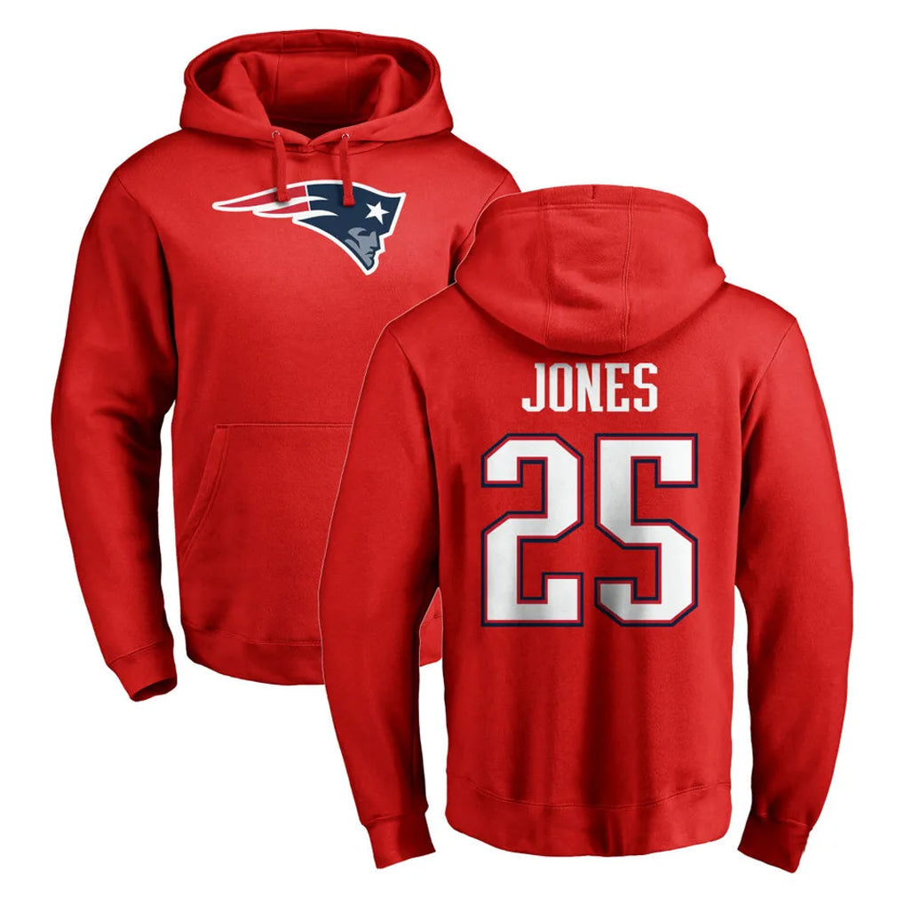 Perkns NE.Patriots #25 Marcus Jones Player Red LOGO Pullover Hoodies Home Game Stitched Jerseys