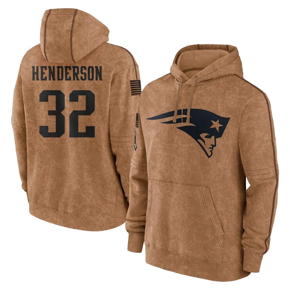 Perkns NE.Patriots #32 TreVeyon Henderson Player Brown Salute to Service Pullover Hoodies Limited Game Stitched Jerseys