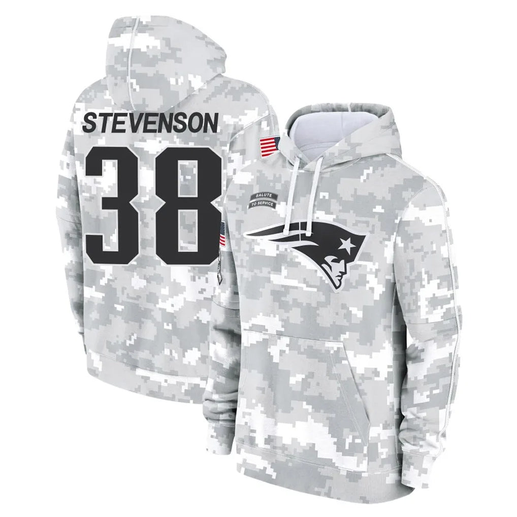Perkns NE.Patriots #38 Rhamondre Stevenson Player Arctic Camo Salute to Service Pullover Hoodies Limited Game Stitched Jerseys