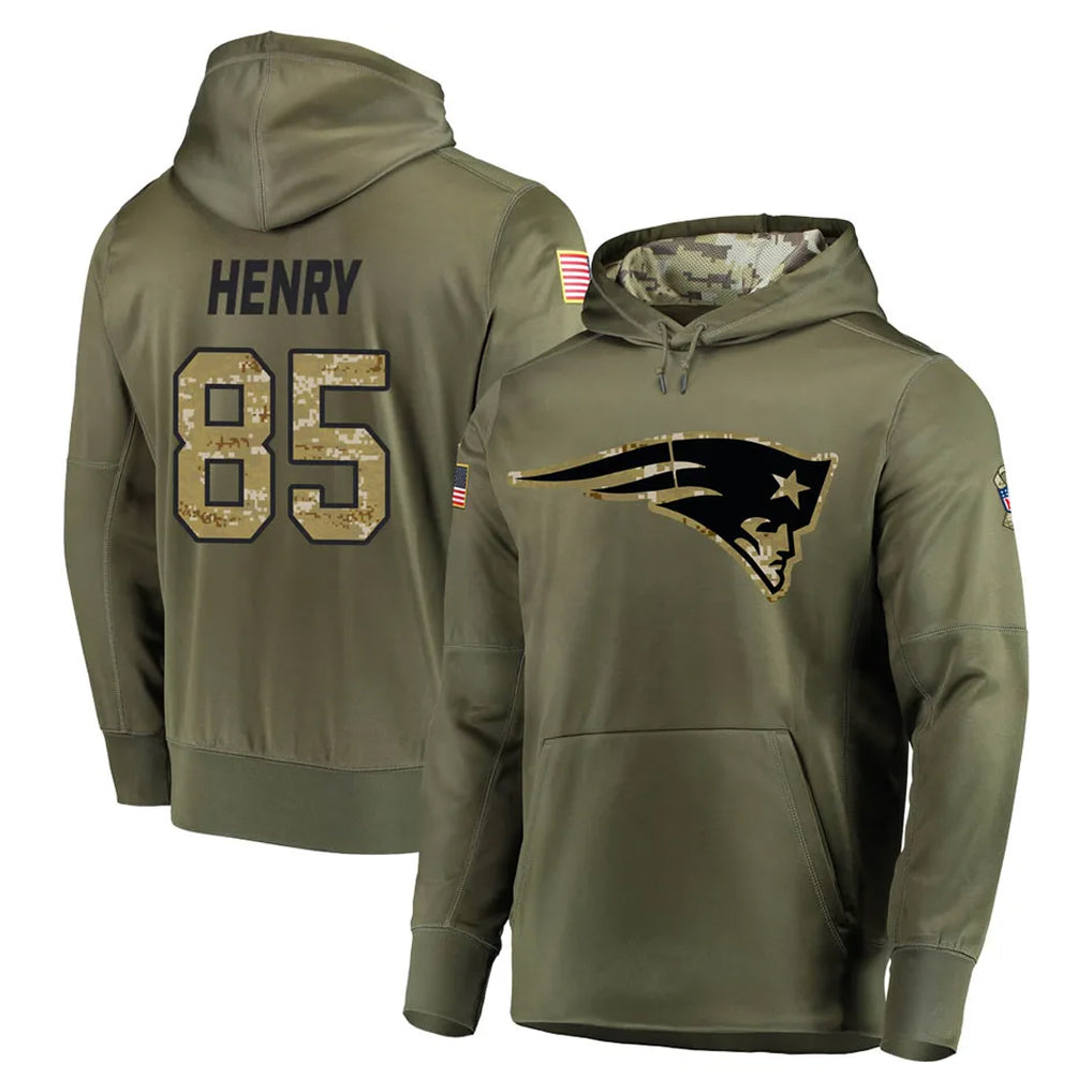 Perkns NE.Patriots #85 Hunter Henry Player Olive Salute to Service Pullover Hoodies Home Game Stitched Jerseys