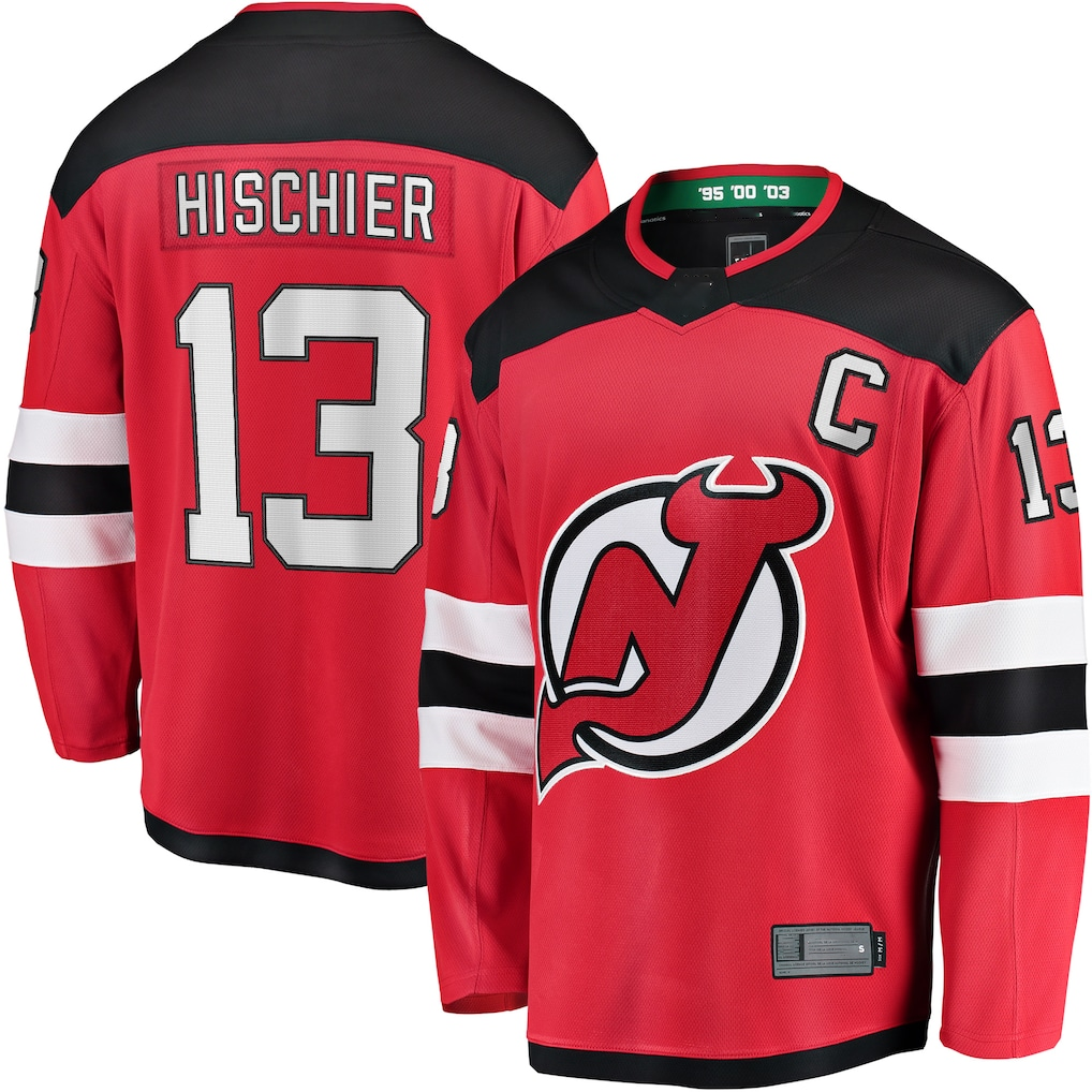 Perkns N.Jersey Devils #13 Nico Hischier Red Captain Patch Home Breakaway Jerseys