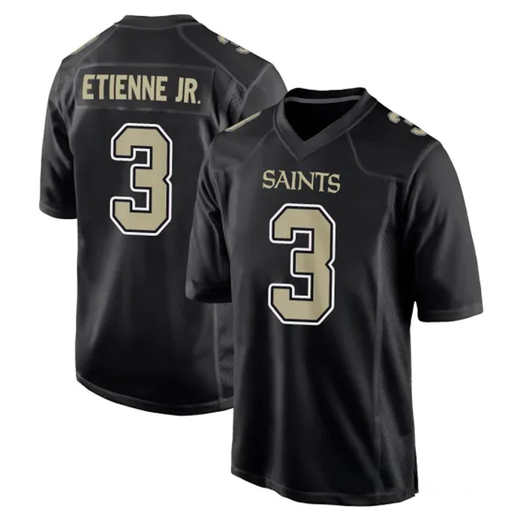 Perkns NO.Saints #3 Travis Etienne Jr. Player Black Carbon Fashion Home Game Stitched Jerseys