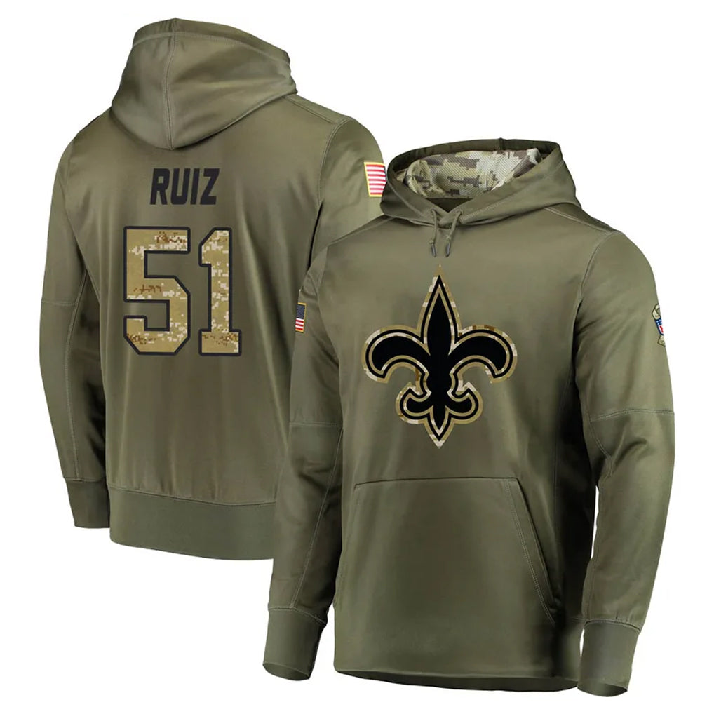 Perkns NO.Saints #51 Cesar Ruiz Player Olive Salute to Service Pullover Hoodies Home Game Stitched Jerseys