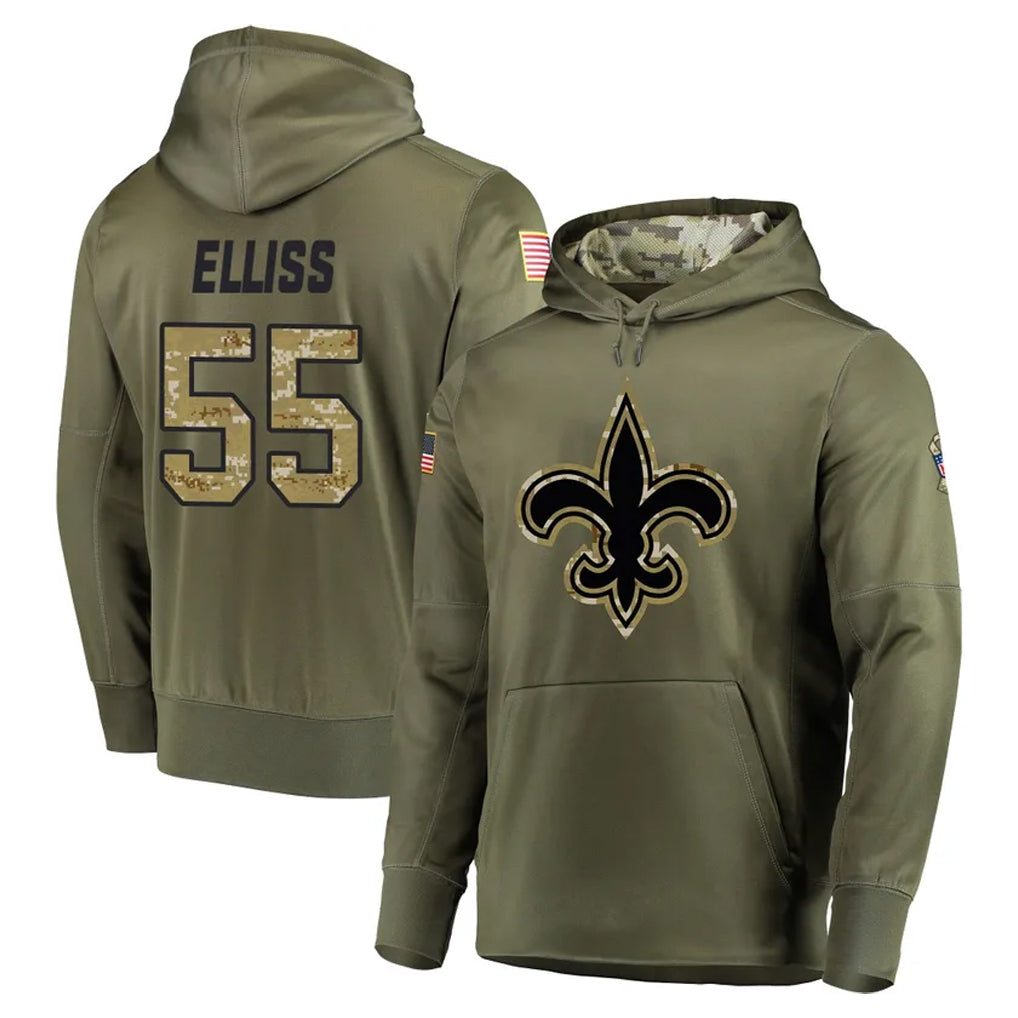 Perkns NO.Saints #55 Kaden Elliss Player Olive Salute to Service Pullover Hoodies Home Game Stitched Jerseys