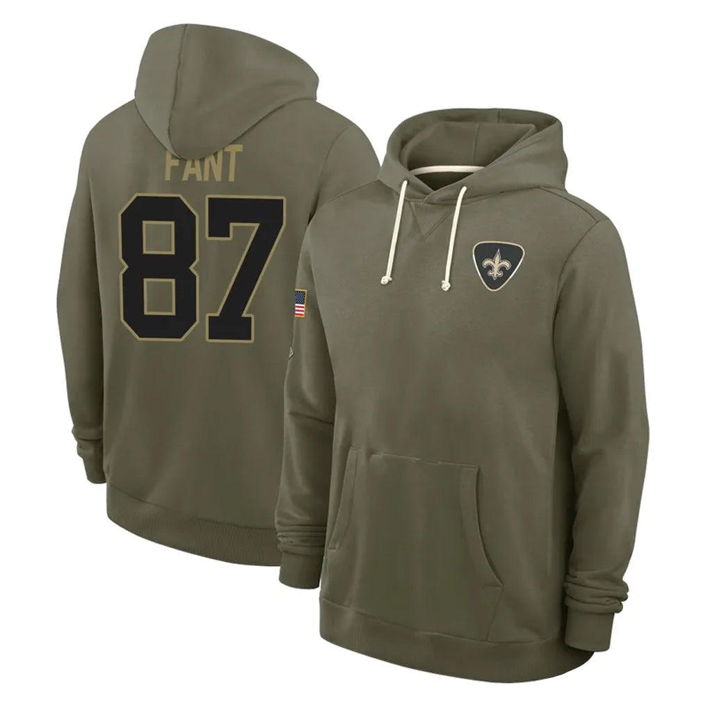 Perkns NO.Saints #87 Noah Fant Player Olive Salute to Service Pullover Hoodies Limited Stitched Jerseys