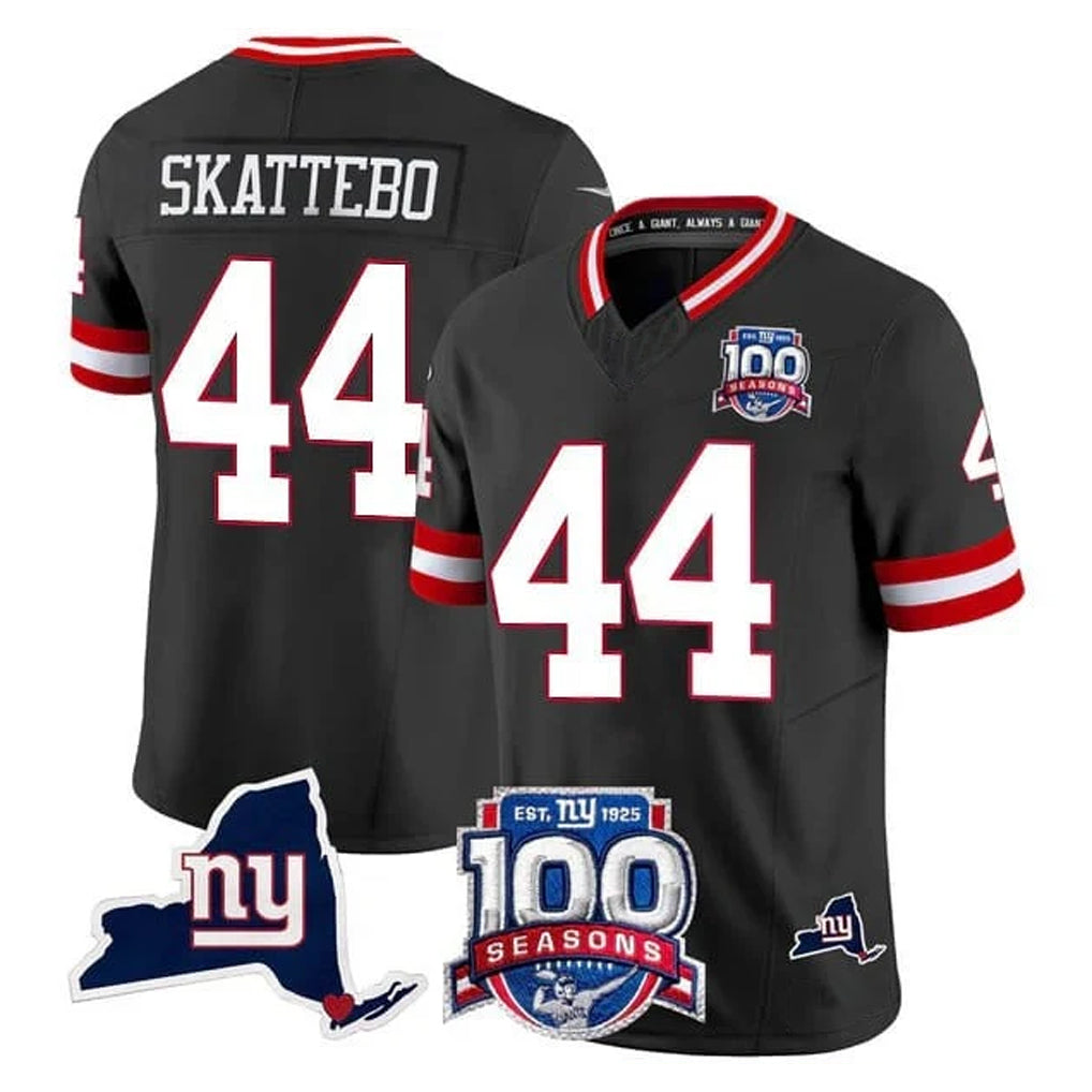 Perkns NY.Giants #44 Cam Skattebo Player Black 100th Season & State Patch Vapor Limited Home Game Stitched Jerseys