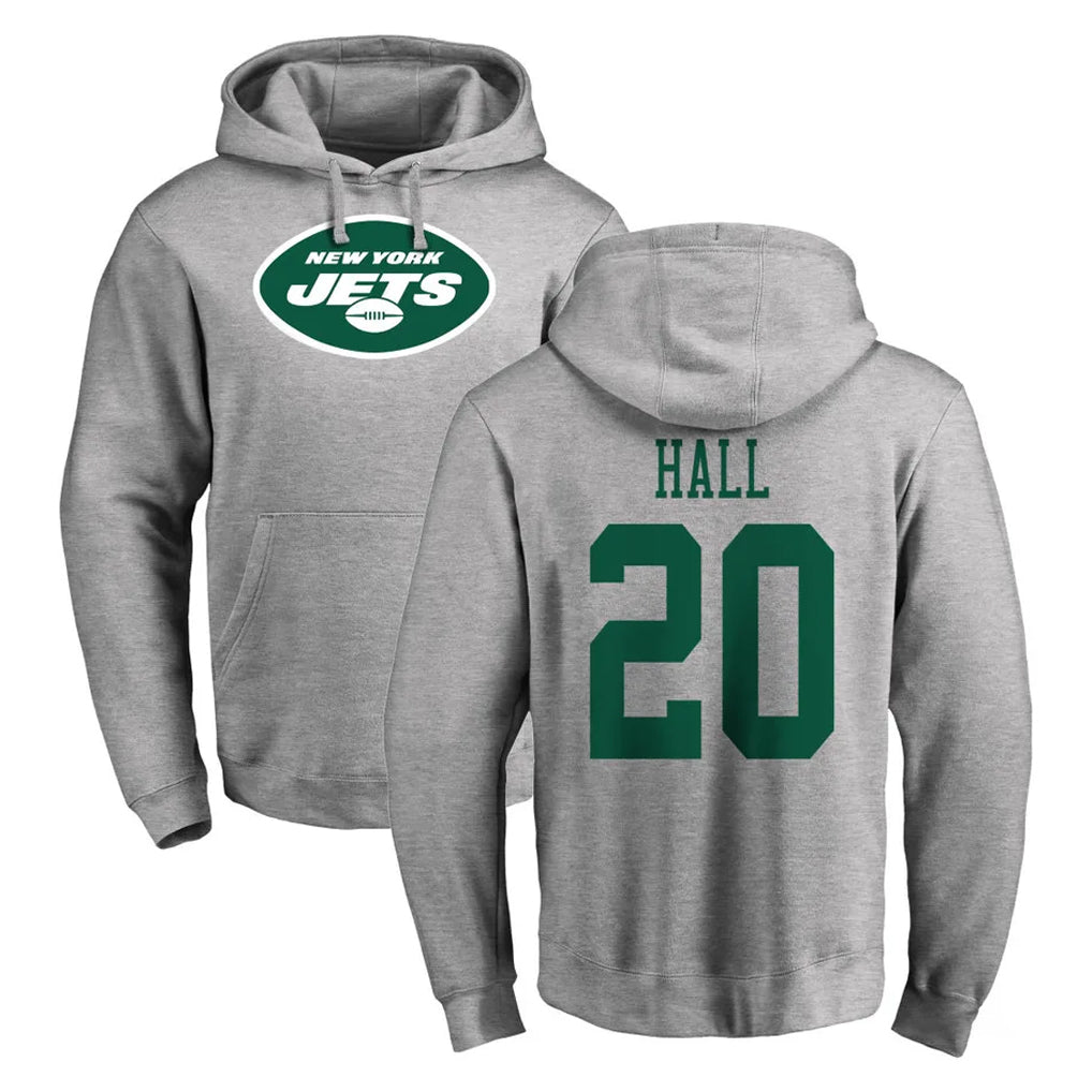 Perkns NY.Jets #20 Breece Hall Player Gray LOGO Pullover Hoodies Limited Game Stitched Jerseys