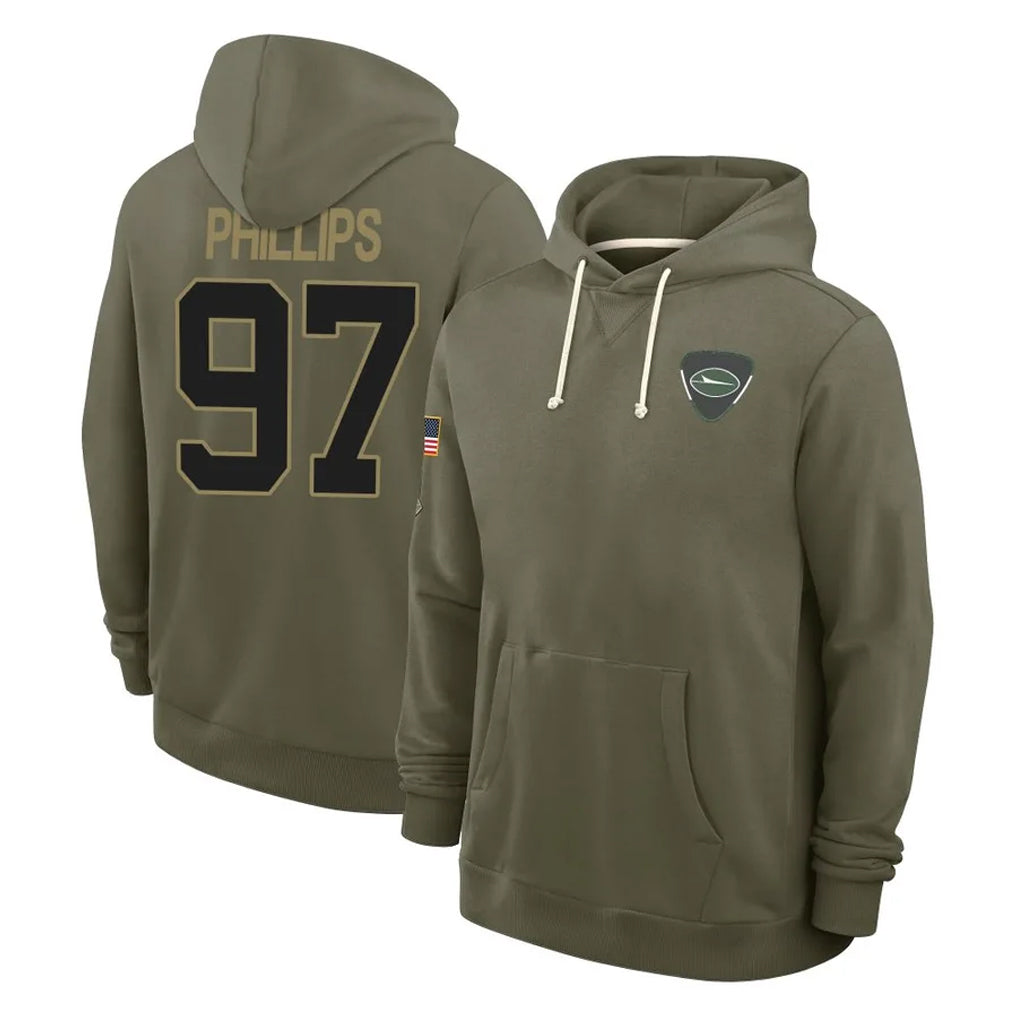 Perkns NY.Jets #97 Harrison Phillips Player Olive Salute to Service Pullover Hoodies Limited Stitched Jerseys