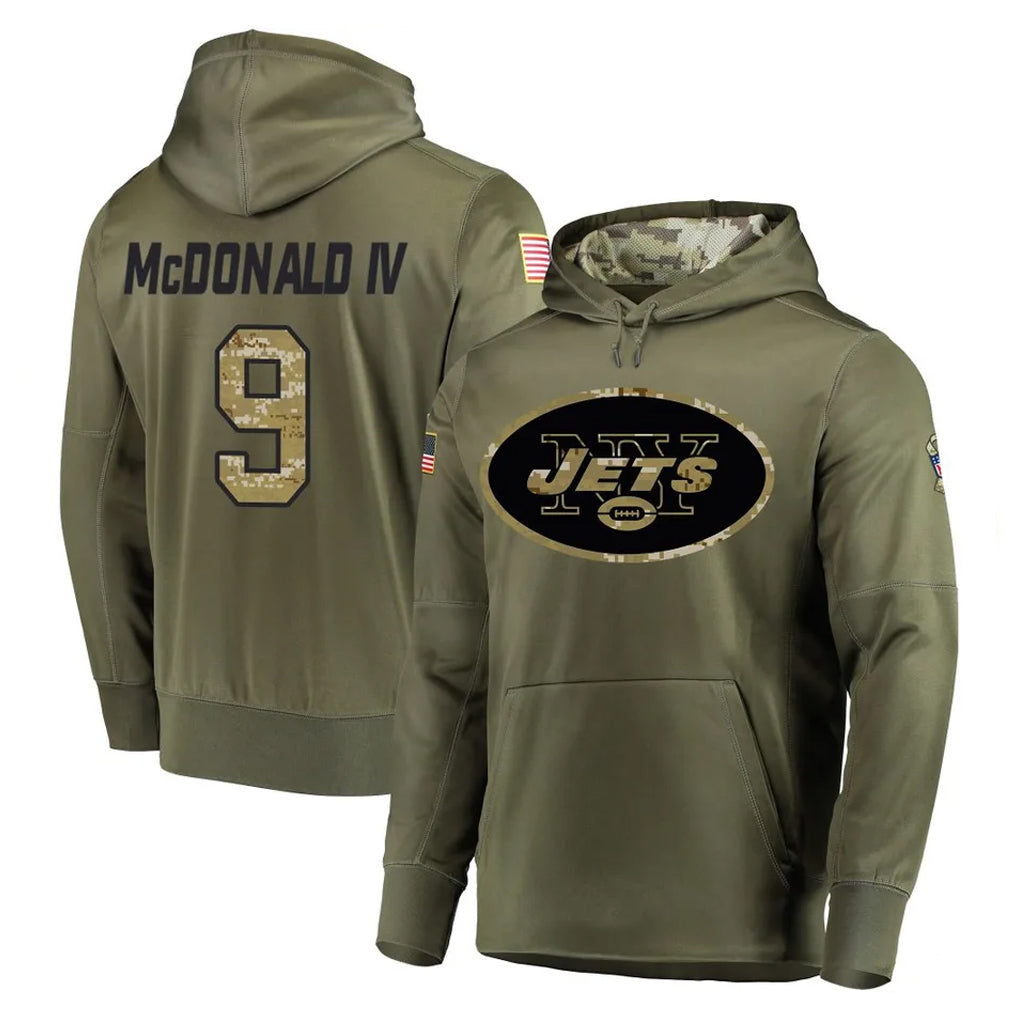 Perkns NY.Jets #9 Will McDonald IV Player Olive Salute to Service Pullover Hoodies Home Game Stitched Jerseys