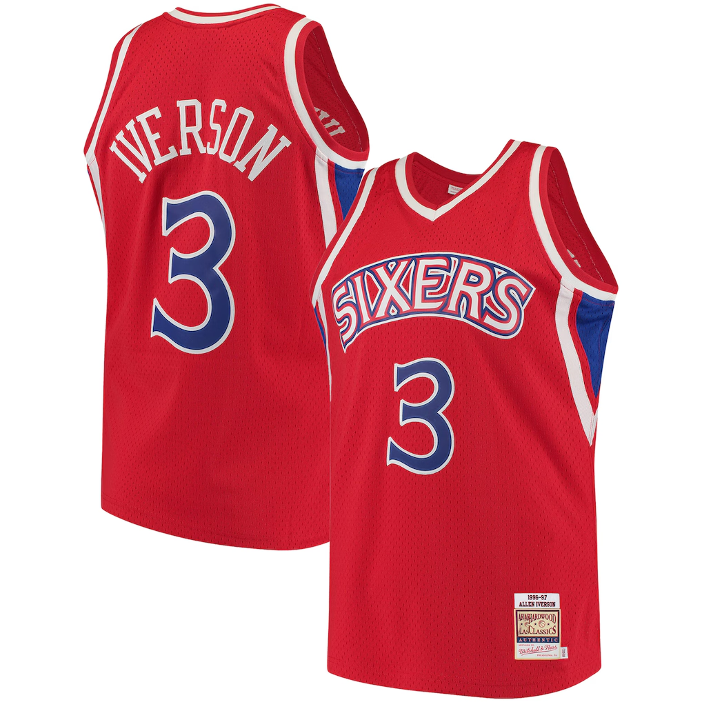 Perkns P.76ers #3 Allen Iverson Mitchell & Ness Red 199697 Hardwood Classics Authentic Jerseys