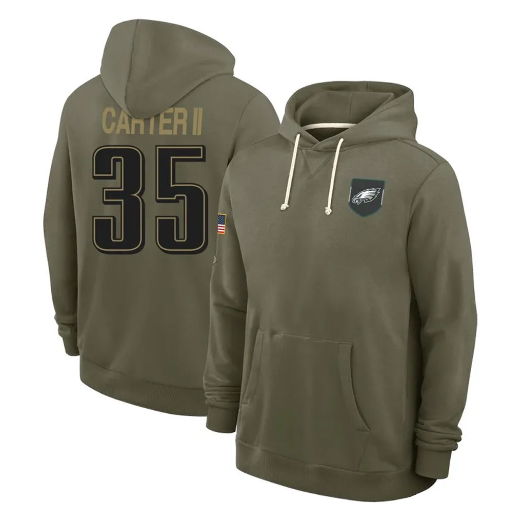 Perkns P.Eagles #35 Michael Carter II Player Olive Salute to Service Pullover Hoodies Limited Stitched Jerseys