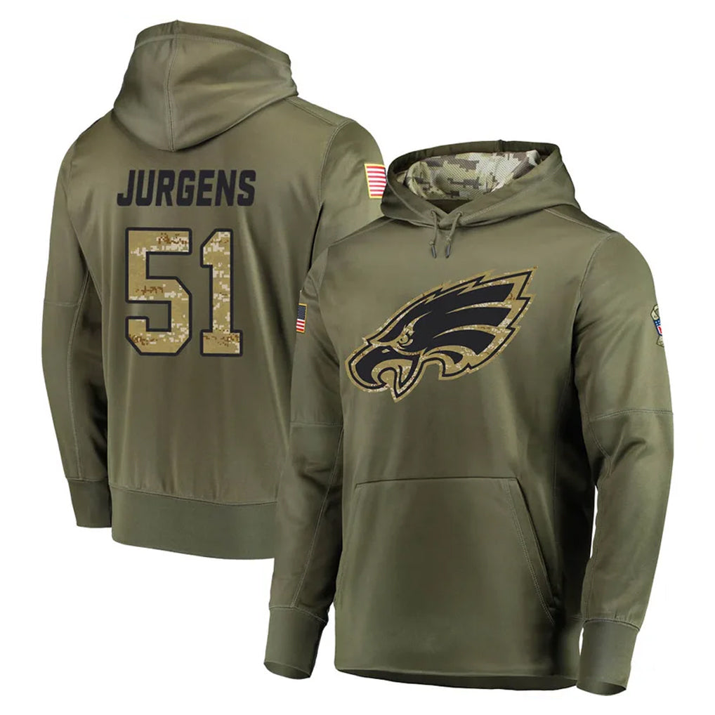Perkns P.Eagles #51 Cam Jurgens Player Olive Salute to Service Pullover Hoodies Home Game Stitched Jerseys
