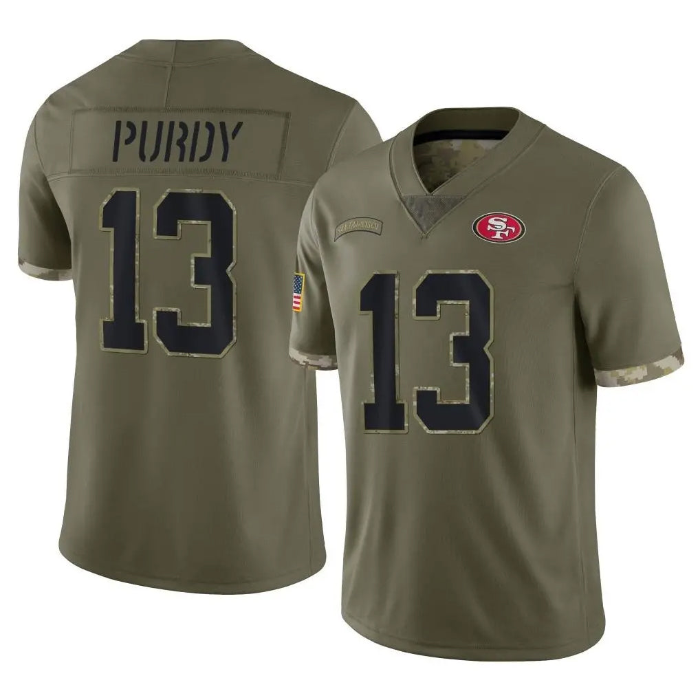 Perkns SF.49ers #13 Brock Purdy Player Olive Limited Salute To Service Home Game Stitched Jerseys