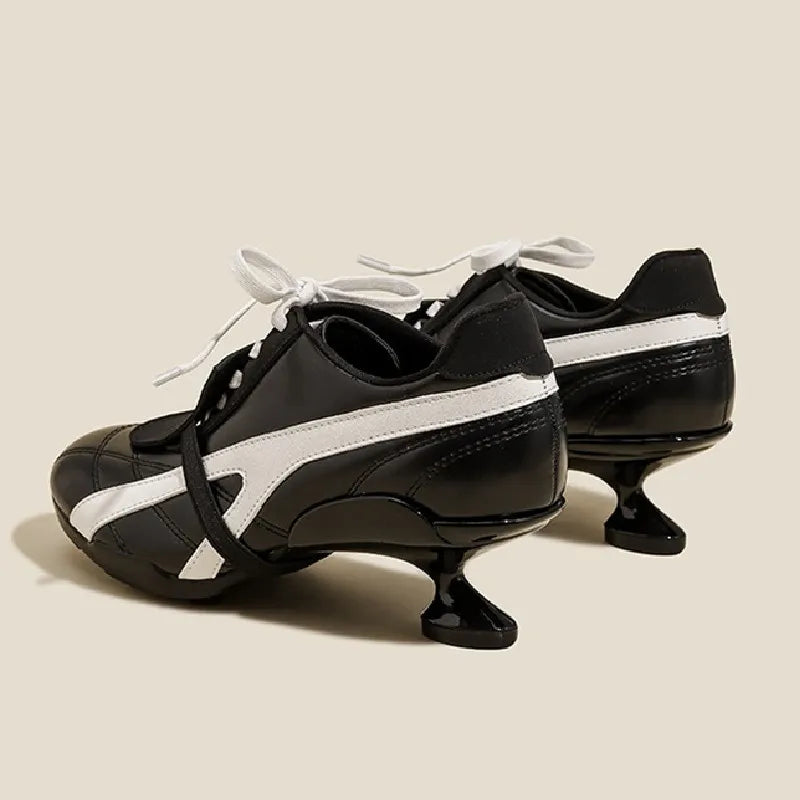 Designer Black Heels Women Luxury Round Toe Lace Up Ballet Pumps Fashion Brand Strange Shoe Sporty Style Low Heel Mary Jane Shoe